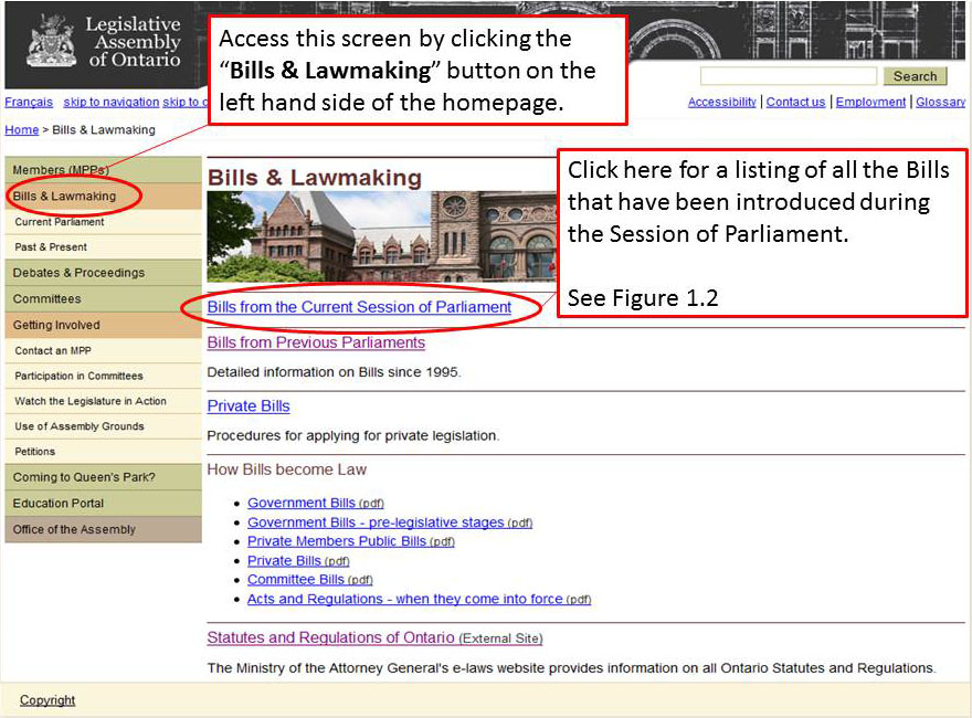 Screenshot of the Ontario Legislative Assembly's website home page.